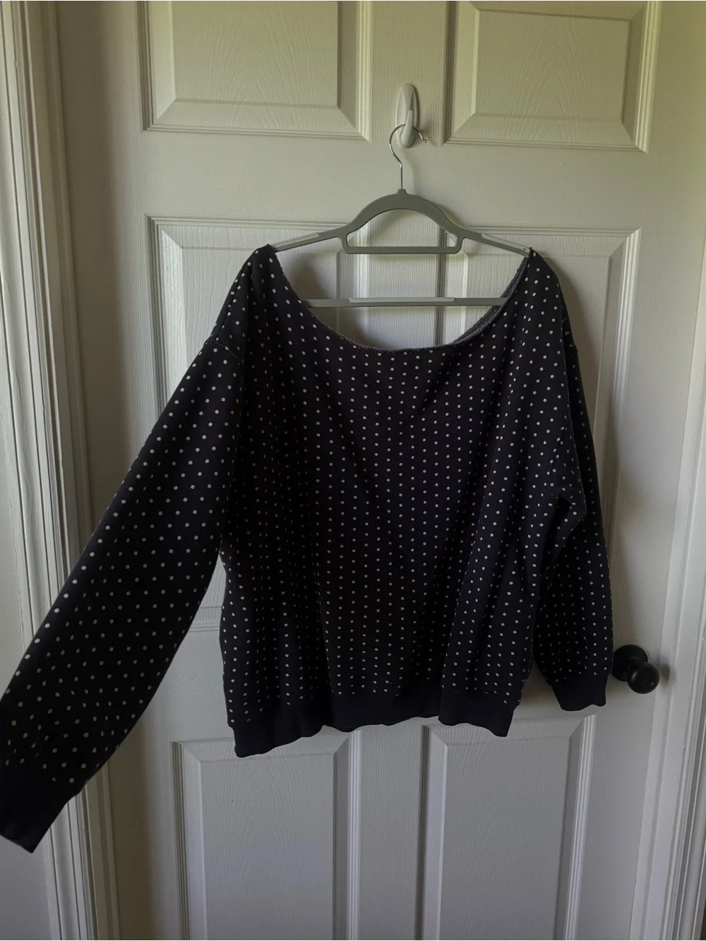 Navy Polka Dot Off the Shoulder Top - Picture 3 of 4